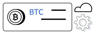 BTC metin, depolama bulutu ve teçhizatlı Bitcoin simgesi, kripto para yönetimi ve engelleme zincirini temsil ediyor. Dijital ekonomi, fintech, merkezi olmayan finans, yenilik için ideal, çevrimiçi