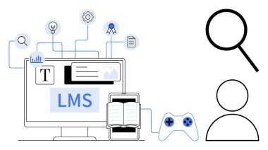 LMS arayüzlü masaüstü, açık kitap, akıllı telefon, oyun kumandası, büyüteç, kullanıcı simgesi. Eğitim için ideal, e-öğrenim gamifikasyonu eğitim teknolojisi yeniliği. Basit düz