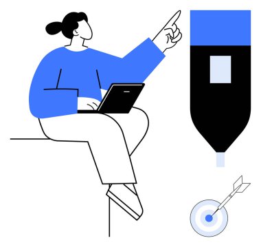 Dizüstü bilgisayar tutarken yaratıcı aletlerle uğraşan bir kadın. Dart hedefi hassasiyet, odaklanma ve hedefe ulaşmayı öneriyor. Yaratıcılık, tasarım, eğitim, üretkenlik, takım çalışması için ideal başarı