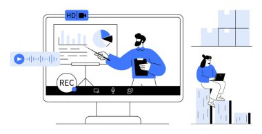 Ekranda video üzerinden veri sunan bir adam, dizüstü bilgisayarda çalışan bir kadın. Dijital iletişim için ideal, uzak takım çalışması, çevrimiçi öğrenme, sanal toplantılar, veri analizi, teknoloji