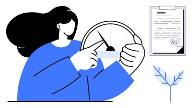 Hız göstergesine bakan kadın, panoda imzalı belge, mavi yaprak. İlerleme, üretkenlik, başarı, sertifika, hedefler, ekolojik bilinç değerlendirmesi için ideal. Temiz düz metafor