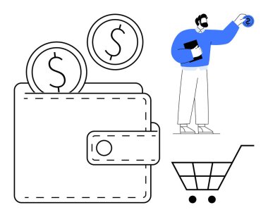 Dolar bozukluklu cüzdan, elinde para bulunan şahıs ve bütçe, finans, tasarruf, online alışveriş, e-ticaret, para yönetimi tüketici davranışlarını yansıtan el arabası. Basit bir düz metafor.
