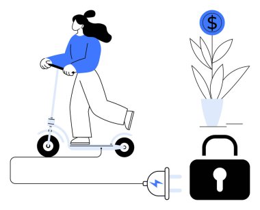 Elektrikli scooter kullanan bir kadın şarj kablosuna bağlı, yanında da para fabrikası ve asma kilit var. Konular için ideal başlıklar eko-taşımacılığı, mali büyüme, güvenlik, yatırım, yeşil