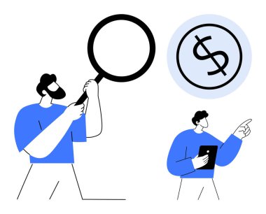 İki adam mali verileri analiz ediyor, birinin elinde büyüteç, diğerinde de dolar işaretini gösteren tablet var. Finans, yatırım, strateji, karar verme, araştırma, takım çalışması için idealdir.