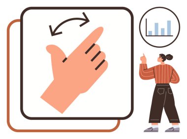 Navigasyonu gösteren el hareketi, veri tablosunu gösteren kişi, etkileşimi ileten kişi. Dijital arayüz, navigasyon, analitik, eğitim, iletişim ve teknoloji için idealdir.