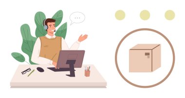 Müşteri destek ajanı kulaklık takıyor, bilgisayar başında el kol hareketi yapıyor. Çemberdeki paket görselleştirmesi teslimat ya da nakliye yardımı anlamına gelir. Destek ve iletişim için ideal