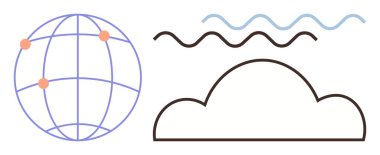 Dünya çapındaki bağlantıları simgeleyen düğümlü dünya, dijital depolama için bulut, veri akışı için dalgalı çizgiler. Teknoloji, internet, iletişim, küresel ağ, bulut depolama, dijital için ideal