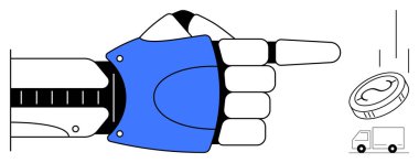 Düşen bir madeni parayı ve teslimat kamyonunu gösteren robot el. Teknoloji, robot bilimi, lojistik, otomasyon, e-ticaret, dijital ekonomi ve yenilik için ideal. Basit düz metafor