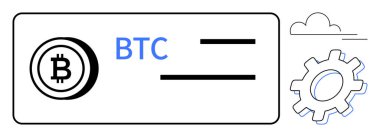Bitcoin logosu, mavi ile BTC mesajı, soyut çizgiler, vites ve bulut. Kripto para birimi, engelleme zinciri, fintech ödeme sistemleri yenilik teknolojisi modern finans için idealdir. Basit bir düz metafor.