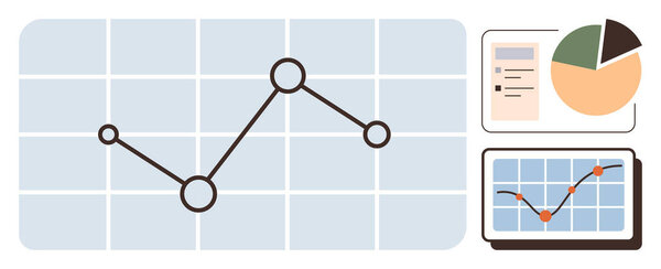 Линейный граф сосредоточен над сеткой, круговой диаграммой и документом на стороне, статистикой рендеринга планшетов. Идеально подходит для отслеживания данных, финансовых тенденций, отчетности, рыночных исследований, анализа эффективности бизнеса