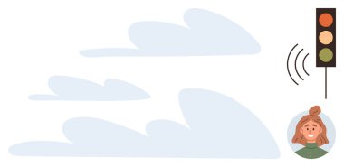 Trafik ışığı yeşil, sarı ve kırmızı ışıklarla işaret dalgalarını açık gökyüzü manzaralı mutlu bir kadının yanına yolluyor. İletişim, şehir güvenliği, ulaşım, rehberlik, teknoloji için ideal