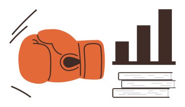 Turuncu boks eldiveni bir yığın kitapla yükselen bar tablosuna çarptı. Rekabet, büyüme, eğitim, başarı, inatçılık, strateji ve yenilik için idealdir. Basit düz metafor.