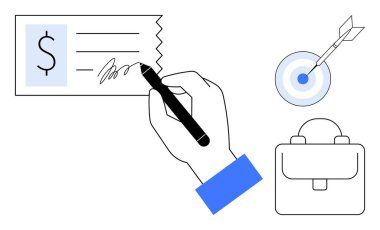 Finansal bir çekte el yazısı, ok ve iş çantasıyla bir hedefe eşlik etmek. Finans, sözleşmeler, pazarlıklar, hedefler, kariyer, ödeme ve başarı kavramları için ideal. Basit düz