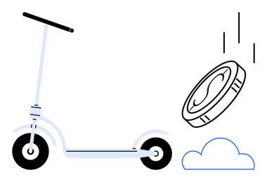 Elektrikli scooter ve düşen madeni paralar, bulut vurgulanabilirliği, çevre dostluğu ve modern trendlerin yanında. Maliyet tasarrufu, kentsel hareketlilik, yeşil enerji, yenilik, minimalizm, ulaşım için ideal