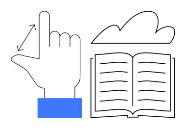Ölçümü gösteren el hareketi, metin satırları ve bulut silueti ile açık kitap. Eğitim, yenilik, yaratıcılık, bilgi, teknoloji öğrenme araştırmaları için ideal. Basit düz metafor
