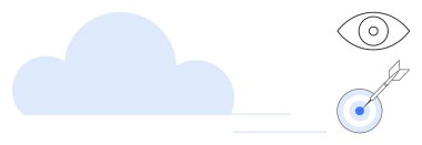 Bulut silueti, minimalist göz, oklu dart tahtası. Veri depolama, görme, odaklanma, kesinlik, başarıyı ileriyi düşünme temaları için ideal. Basit düz metafor