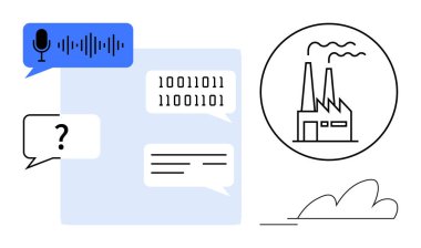 Speech recognition, coding binary dialogue, text messages, and a factory building reflect innovation. Ideal for technology, automation, AI, industry communication data progress. A simple flat
