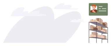 Kutularla dolu düzenli depolama rafları ve çalışan kimlik paneli. Lojistik, envanter yönetimi, e-ticaret, organizasyon, tedarik zinciri, verimlilik, basit düz metafor