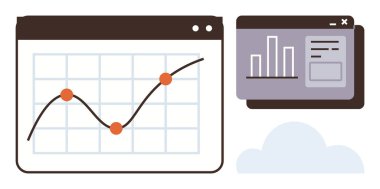 Analiz ve içgörü aktaran iki tarayıcı penceresinde veri noktaları ve grafikler. İş, teknoloji, veri analizi, pazarlama eğilimleri, finans stratejisi, raporlama, karar için ideal