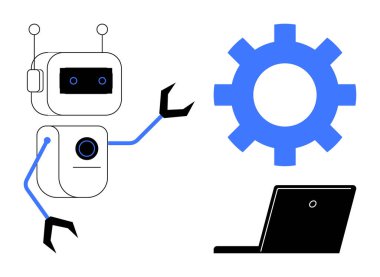 Pençeli robot, dişli ve dizüstü bilgisayarla etkileşim içinde, yenilik, yapay zeka, robot, takım çalışması, problem çözme, dijital dönüşüm ve üretkenliği basit bir düz metaforda ifade ediyor.