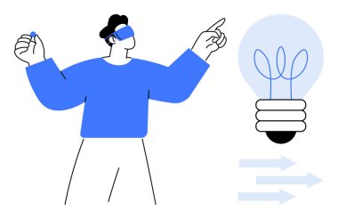 Fütürist bir vizör takan şahıs elinde küçük bir nesne, parlayan bir ampulü işaret ediyor. Yenilik için ideal, yaratıcılık, teknoloji, vizyon, beyin fırtınası, gelecek tasarım. Basit düz