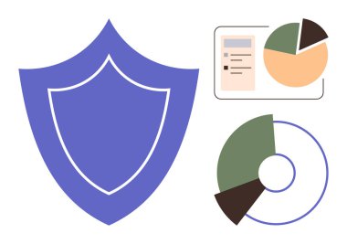 Turta grafikleriyle birlikte mavi kalkan ve veri güvenliği, analitik ve organizasyonu gösteren bir belge. Siber güvenlik, koruma, analitik, strateji, risk yönetimi, mahremiyet için ideal