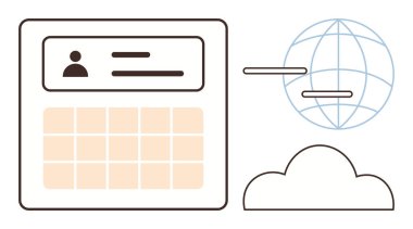 User profile card with account details above a calendar grid, globe representing global internet access, and a cloud symbol. Ideal for data management, networking, cloud storage, organization, global