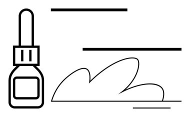 Dropper bottle beside fluid-thumbs up abstract wave shape, emphasizing creativity, care, and experimentation. Ideal for wellness, healthcare, beauty, creativity, minimalism innovation simple flat