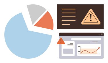 Pie chart and line graph with warning symbols emphasize critical trends, risks, and errors. Ideal for data analysis, risk management, decision-making, business errors, analytics, caution themes