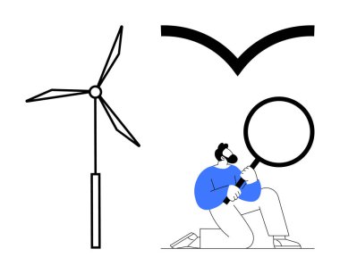Person kneeling while holding a magnifying glass, inspecting renewable energy as represented by a wind turbine. Bird symbolizes nature. Ideal for sustainability, environmental research, green energy