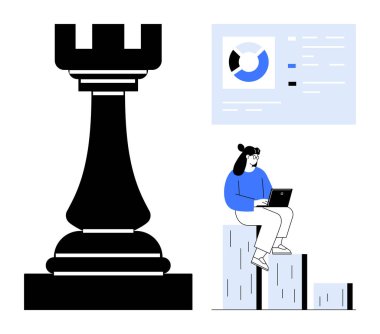 Chess rook symbolizing strategy, person working on a laptop, and data analytics charts. Ideal for leadership, business strategy, planning, decision-making, innovation, development career growth