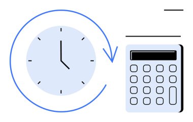 Clock with circular arrow denotes time, paired with a calculator for efficiency, forecasting, and budgeting. Ideal for productivity, scheduling, analysis, finance, management optimization simple