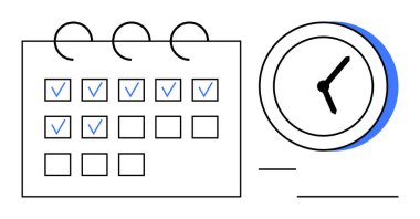 Calendar with marked tasks alongside a clock, emphasizing organization, deadlines, and efficiency. Ideal for time management, productivity, planning, scheduling, deadlines organization simple flat