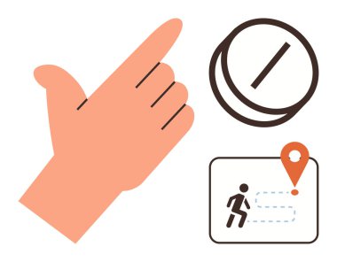 Hand snapping gesture, timer icon, and a geolocation map with route and marker, signifying decision-making, time tracking, navigation. Ideal for productivity, planning, movement goal setting
