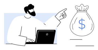Man at desk with laptop gesturing towards moneybag. Ideal for finance, investment, goal-setting, online business, entrepreneurship, planning, career growth. Simple flat metaphor