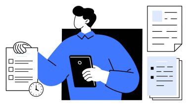 Person holding a tablet and checklist, surrounded by documents and a clock. Ideal for time management, multitasking, productivity, organization, project management, workflow planning. Simple flat