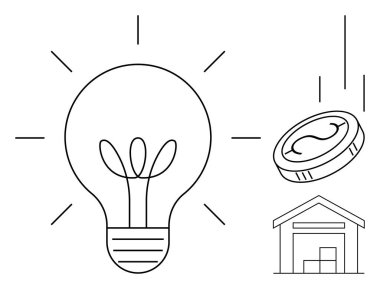 Lightbulb with sprouting growth, falling coin, and house outline symbolize innovation, investment, sustainability, savings, profit, economy and housing development. Ideal for finance energy