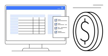 Desktop computer displaying a spreadsheet and checklist, accompanied by a dollar coin. Ideal for finance, budgeting, accounting, planning, business management, productivity analysis. Simple flat
