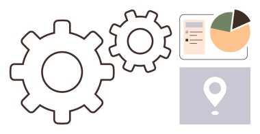 Interconnected gears alongside a document, pie chart, and a location pin signifying system optimization, data analysis, and tracking. Ideal for process management, workflow, teamwork, analytics