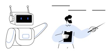 Robot interacting with human holding clipboard and pointing tool, representing AI collaboration, teamwork, learning, automation, innovation, education, and futuristic technology. Ideal for simple