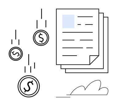Falling currency coins beside layered documents. Ideal for finance, economy, income, budget, savings, investments, wealth. Represents simple flat metaphor for monetary processes