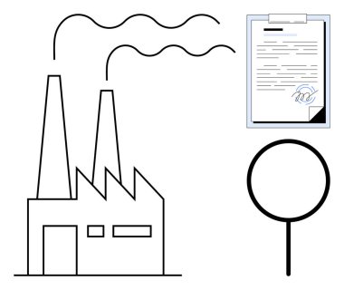 Factory with smoke stacks, signed document, magnifying glass emphasizing inspection. Ideal for compliance, legal, sustainability, manufacturing, environmental quality control auditing. Simple flat