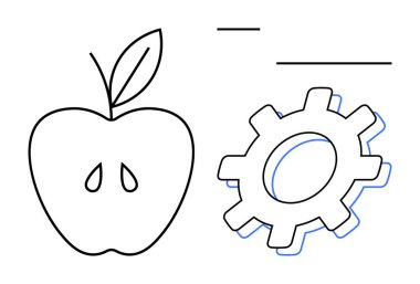 Apple symbolizing health alongside a gear representing technology and progress. Ideal for health tech, nutrition, wellness, innovation, productivity, modern design, simple flat metaphor