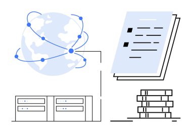 Earth globe with network connections, cloud servers, document files, and stacked books. Ideal for data sharing, cloud storage, technology, networking, global access education digital communication