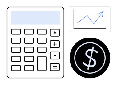 Calculator, upward graph, and dollar coin symbolizing finance, accounting, savings, business growth, economic analysis, budget planning and investments. Ideal for education banking and economy