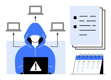 Hacker in blue hoodie at laptop with alert sign, connected laptops, documents, calendar. Ideal for cybersecurity, hacking, online protection, data breach, digital security tech crime simple flat