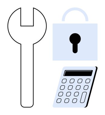 Wrench symbolizes tools and maintenance, padlock for security, and calculator for data or finance management. Ideal for business, finance, security, maintenance, technology, productivity operations