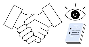 Handshake surrounded by an open eye and a checklist document. Ideal for trust, partnership, review, supervision, transparency, contract signing, collaboration. Minimalistic flat metaphor