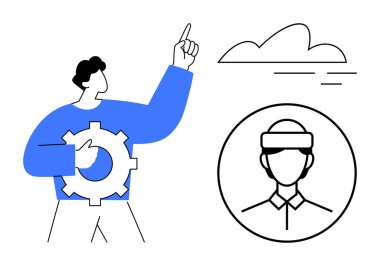 Man holding gear points to sky with modern cloud design and VR headset avatar circle. Ideal for technology, cloud computing, innovation, VR, teamwork, futuristic concepts, process strategy. Clean