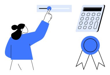 Woman interacts with a slider while a calculator and achievement ribbon appear nearby. Ideal for goals, success, productivity, finance, decision-making, education, user interface. Clean simple flat